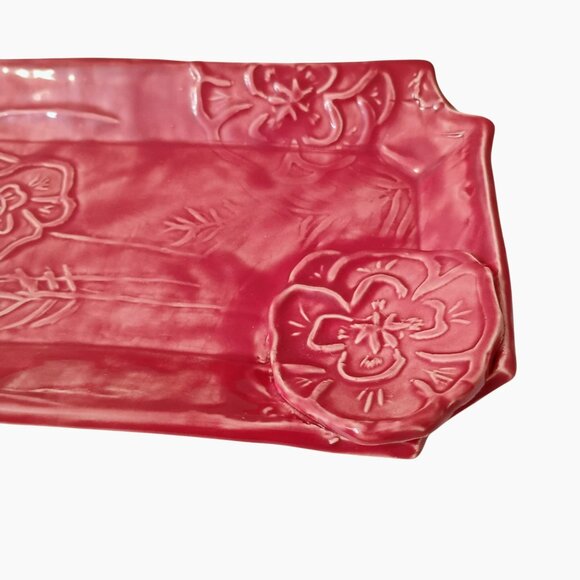 Red Art Pottery Trinket Dish, Signed MS, Floral Embossed Ceramic Vanity Tray 9" - Picture 7 of 10